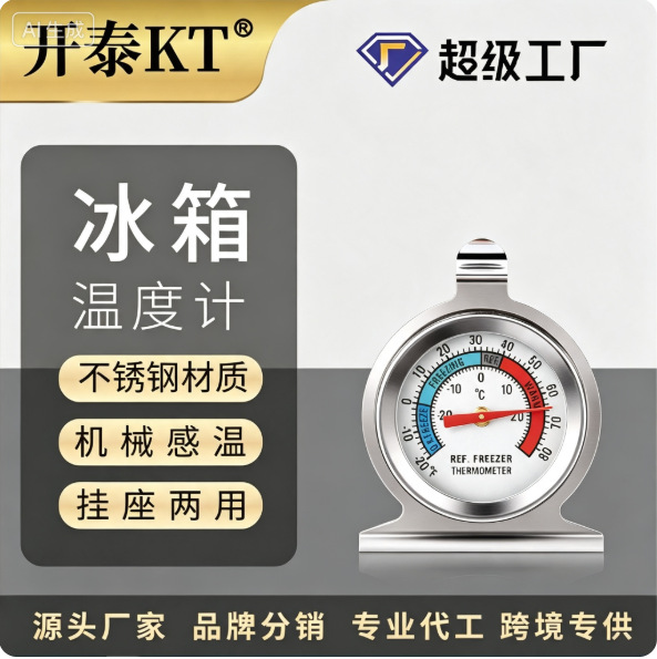 开泰跨境不锈钢冰箱温度计 机械式免电池挂立两用冷藏冷冻测温表