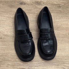 牛皮版~粗跟厚底乐福鞋女英伦风小个子增高单鞋通勤不累脚小皮鞋