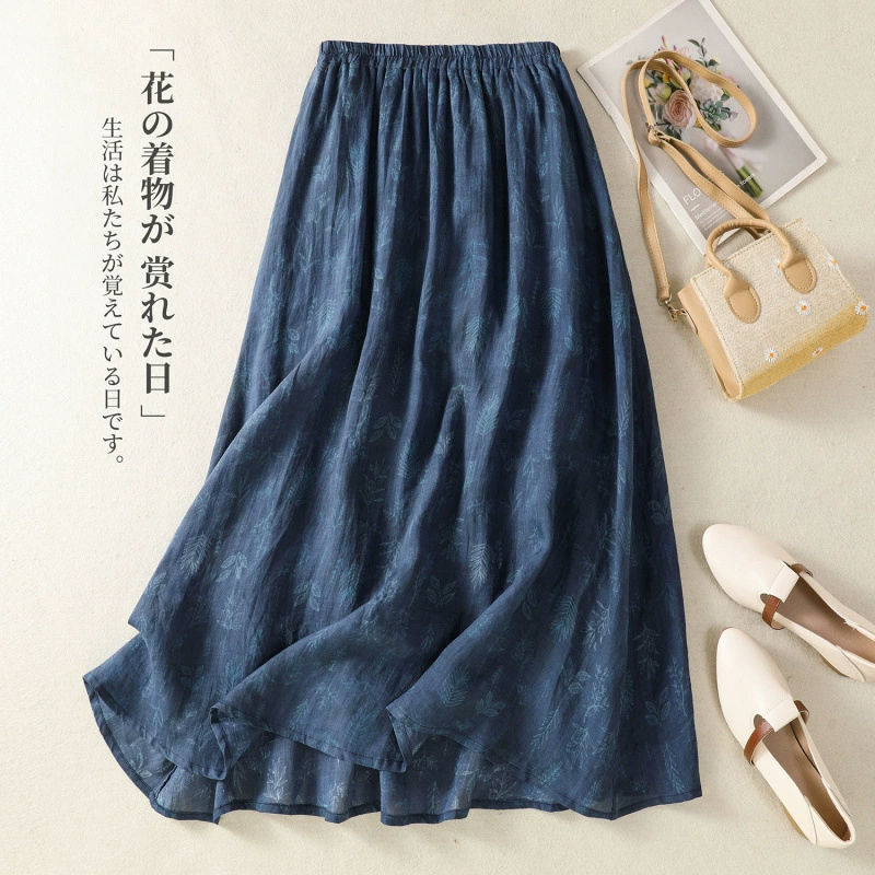 Реальный хлопковый и льняный принт элегантная юбка для тела