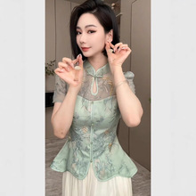 新中式绿色盘扣立领短袖衬衫女夏季气质印花旗袍上衣改良唐装小衫