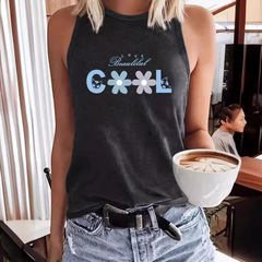 Alibaba.com Amazon Best Selling Letter Print Crew Neck Blouse Spring Summer Casual Sleeveless Top Women's Clothing