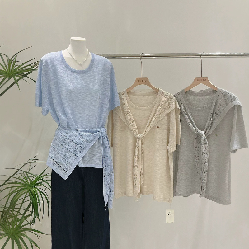 Women's Clothing Manufacturer Customizes European-Style Knitted Short-Sleeve Crochet Shawl Two-Way Wear Lazy Style Top