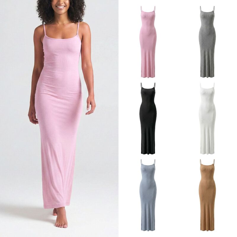 Kim Kardashian Skims 2025 Spring and Autumn Women's Peach Hip Strap U-Neck Long Dress with Open Back Celebrity Style