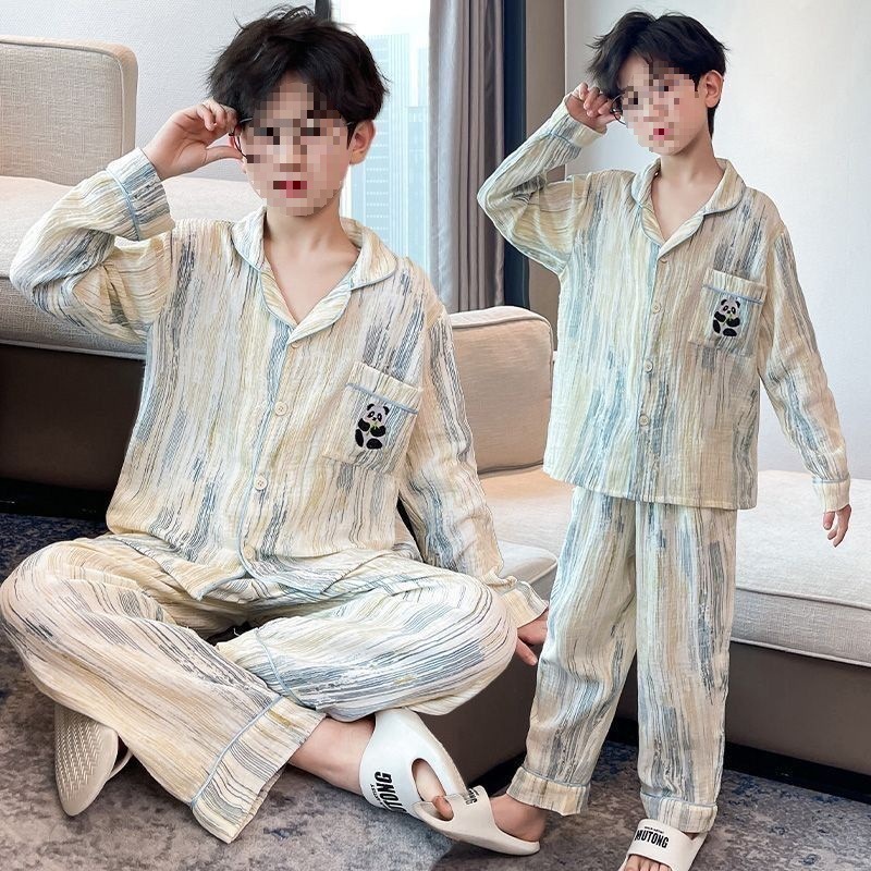 Primavera y otoño 2025 nuevo pijama de niño Cardigan manga larga primavera y otoño juvenil ropa de hogar set de algodón nublado