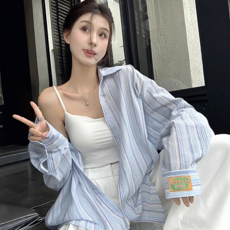 2025夏季外搭防晒衬衫上衣女设计感宽松慵懒长袖蓝色条纹休闲衬衣|undefined
