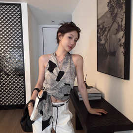 【自家工厂现货】复古印花v领挂脖吊带背心女夏季绑带外穿上衣