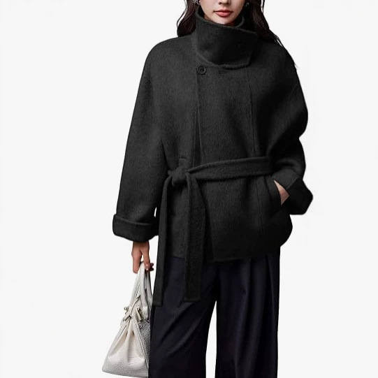 New European and American style women's short wool blend coat with belt, double-sided collar, and pockets