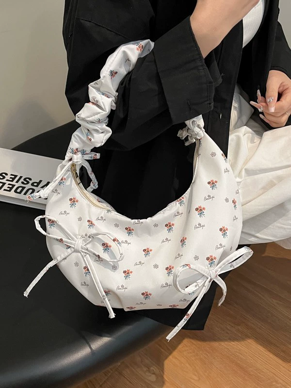 Сумка‑handbag с бантом, одноплечная летняя, сборчатая ручка, цветочный принт