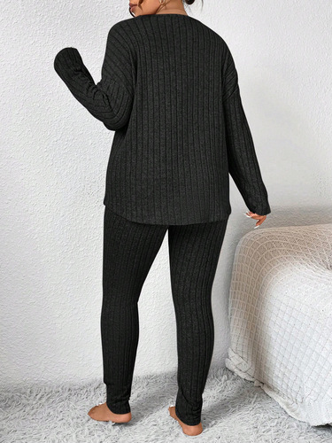 Autumn and winter solid color round collar, long-sleeved, pitch-strip top and fashionable casual pants two-piece suit oversized