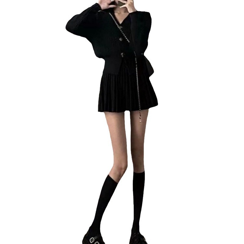 KANING 긴팔 브이넥 니트 가디건 플리츠 스커트 투피스 세트 2024 가을 신작 패션 니트 슈트