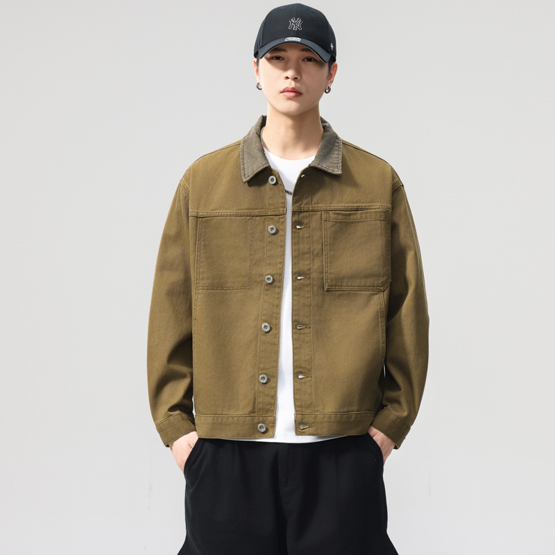 American-Style Barn Jacket for Men, New Spring and Autumn Trendy Brand, Tough Guy Hunting Style, Loose Fit, Color-Blocked Lapel Workwear Coat