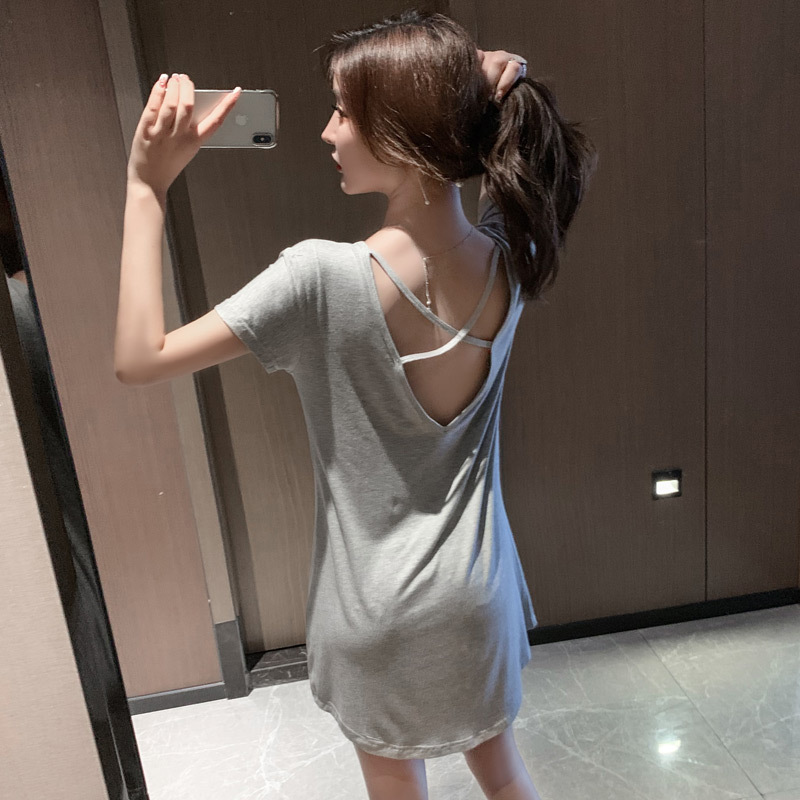 Short-sleeved Chest Pad Nightdress Women's Summer Modal Thin Pure Backless Pajamas plus size Loose Pregnant Women Ice Silk Spring and Autumn