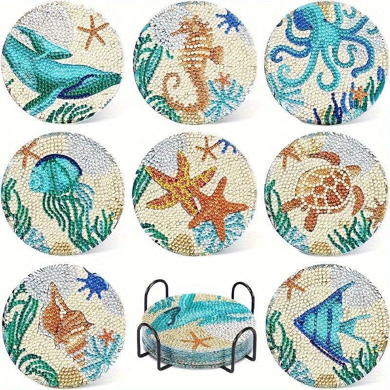 Ventas transfronterizas calientes de 8 piezas de conjunto de cojín de taza de arte de diamante, con soporte, pequeño conjunto de pintura de diamante, adecuado para adultos