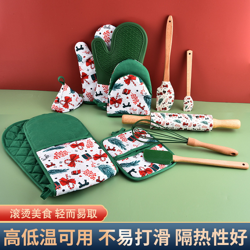 New Christmas Silicone Glove Set for Home Use, Including Heat-Resistant Rolling Pin, Spatula, Whisk, Baking Tools, and Oven