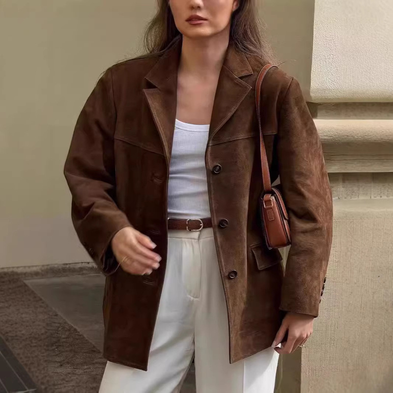In-Stock American-Style Autumn and Winter Retro Aviator Jacket with Suede Lapels, Loose-Fitting Cardigan Blazer, Cross-Border Women's Fashion In-Stock American-Style Autumn and Winter Retro Aviator Jacket with Suede Lapels, Loose-Fitting Cardigan Blazer, Cross-Border Women's Fashion