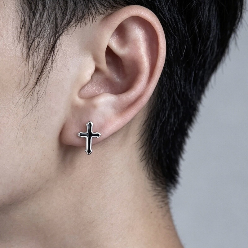 Cross-Shaped Men's Earrings, Personalized Black Studs, Hip-Hop Style, High-End Trendy Men's Ear Accessories, Niche High-End Fashion Cross-Shaped Men's Earrings, Personalized Black Studs, Hip-Hop Style, High-End Trendy Men's Ear Accessories, Niche High-End Fashion