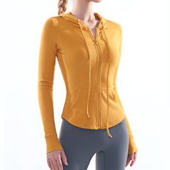 Tight yoga fitness wear sports top for women autumn and winter white running long-sleeved hooded jacket cardigan zipper jacket