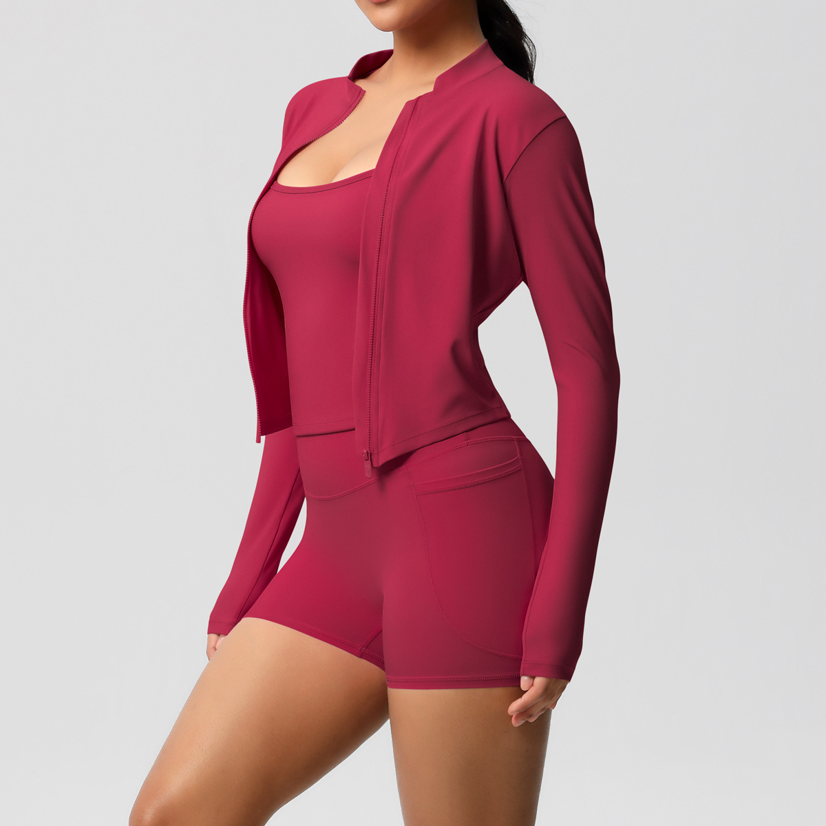 Nuevo chaleco desnudo transfronterizo, ocio al aire libre, ropa de fitness ajustada, pantalones cortos de bolsillo, ropa de yoga, traje deportivo de tres piezas