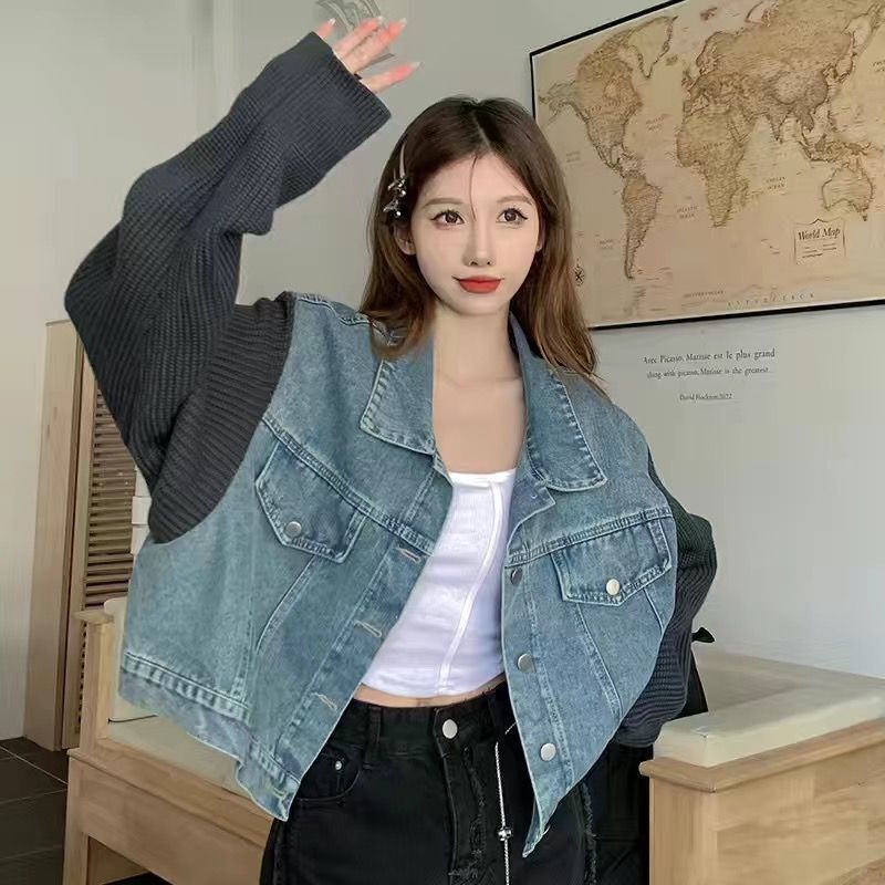 宽松慵懒风牛仔布拼接毛衣开衫女2025新款秋冬季韩版连帽针织外套|undefined