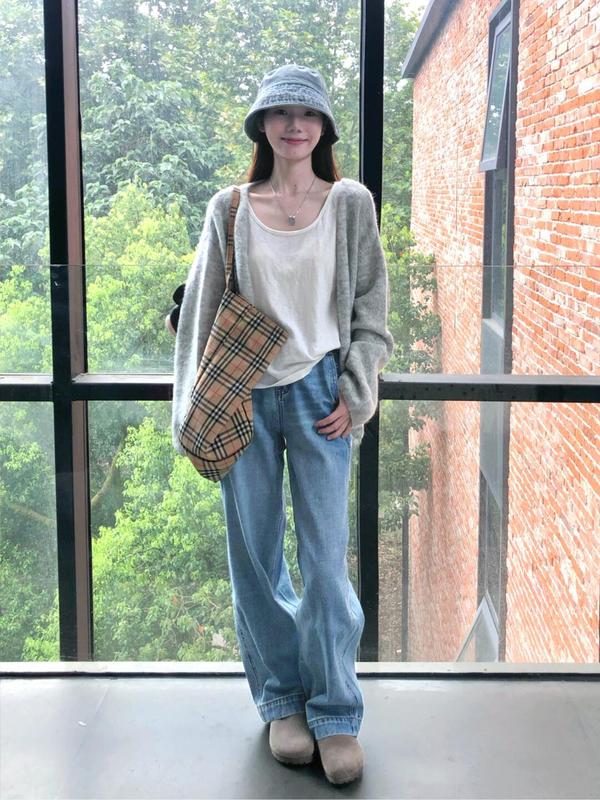 2025新款韩系穿搭灰色针织开衫女秋春宽松慵懒风毛衣外套百搭上衣|undefined