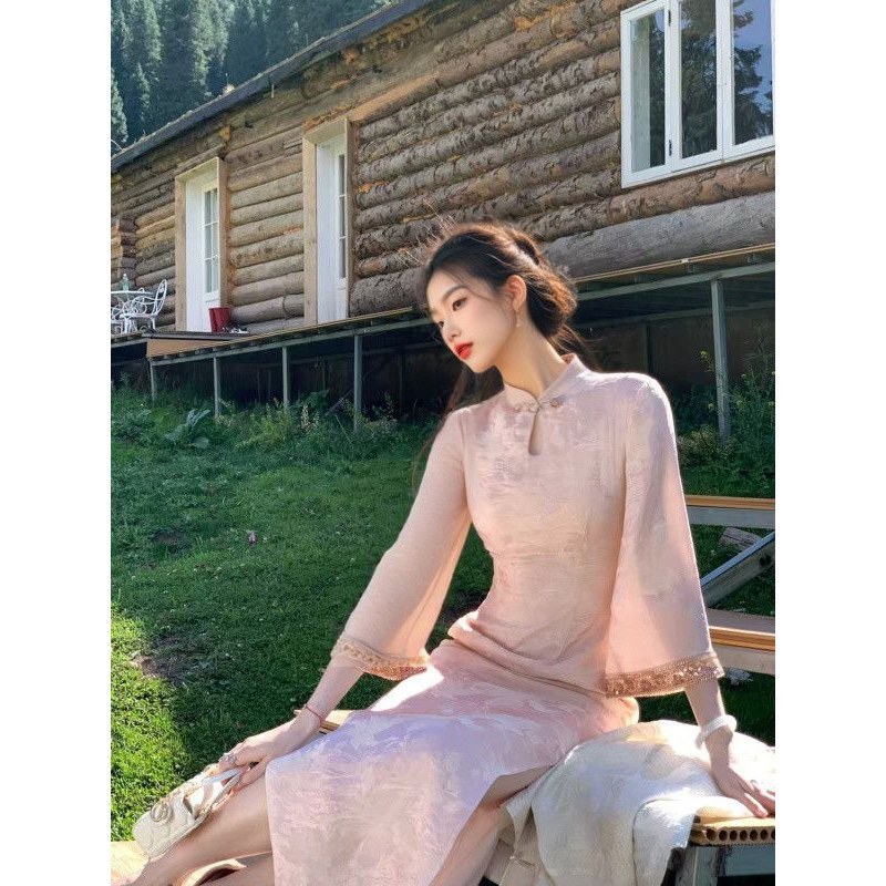 【甜月香】新中式珠光提花改良旗袍早秋日常高端旗袍领镂空连衣裙|undefined