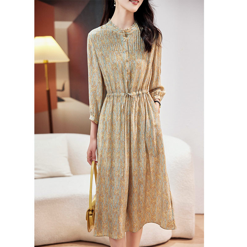 Heavy Silk Dress for Women, Long-Sleeved, Elegant, Plus Size, 2026 High-End Mulberry Silk Tie-Waist Mid-Length Dress
