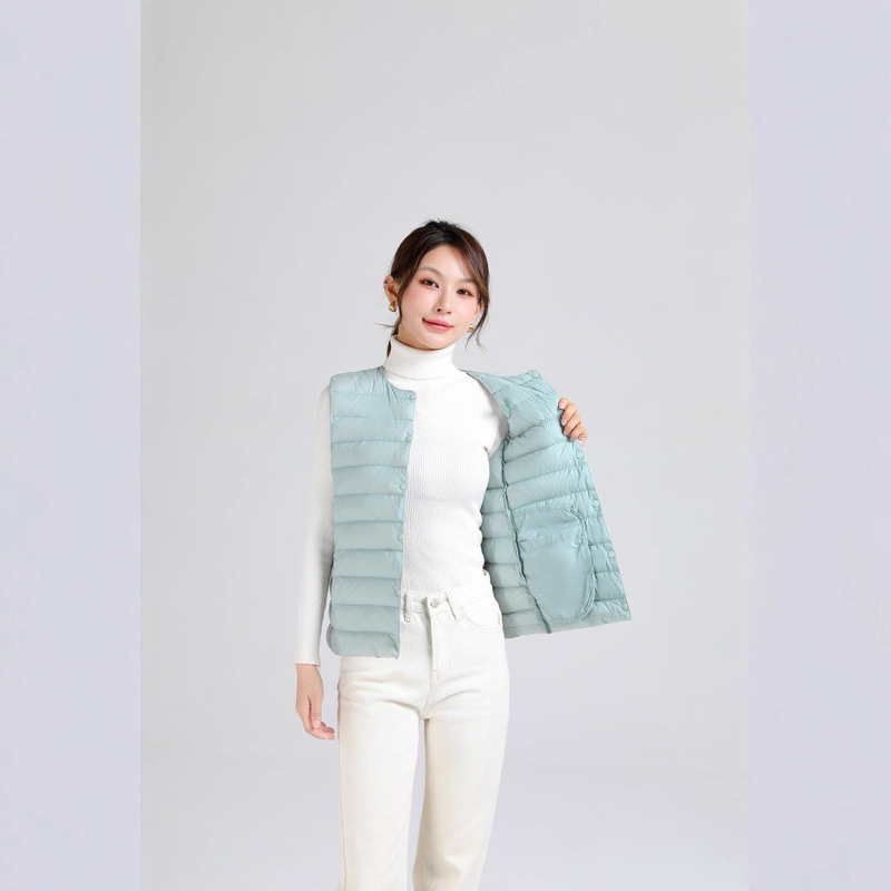 Autumn and Winter Lightweight down Vest V-Neck Round Neck Basic Slim Vest with White Duck down Lining for Inner Wear and Outer Wear