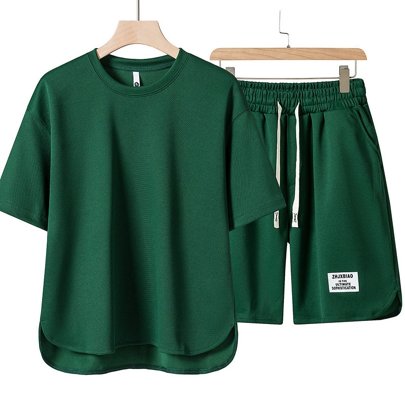メンズ夏セット — エリートカラ―Tシャツ＆薄手通気ショーツ、半袖、サイズ M–4XL