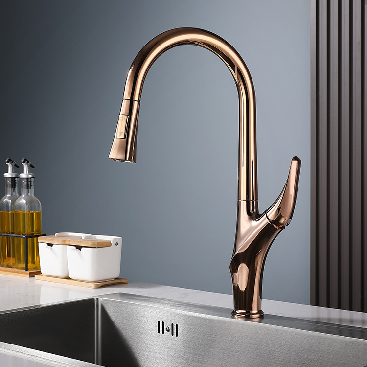 Copper rose gold kitchen pull faucet high quality sink sink hot and cold water faucet cross-border exclusive