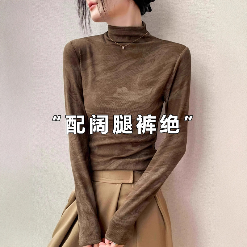 Half Turtleneck Tie-Dye Long-Sleeved T-Shirt for Women in Autum 2025 New Slim-Fitting Inner Layering Shirt, Beautiful and Beautiful Top Half Turtleneck Tie-Dye Long-Sleeved T-Shirt for Women in Autum 2025 New Slim-Fitting Inner Layering Shirt, Beautiful and Beautiful Top