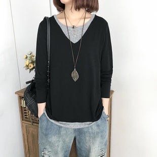 Double-layer Autumn Fake Two-piece Stitching Long-sleeve T-shirt Women's New Korean-style Loose Slimming All-match Outer Wear Base Shirt