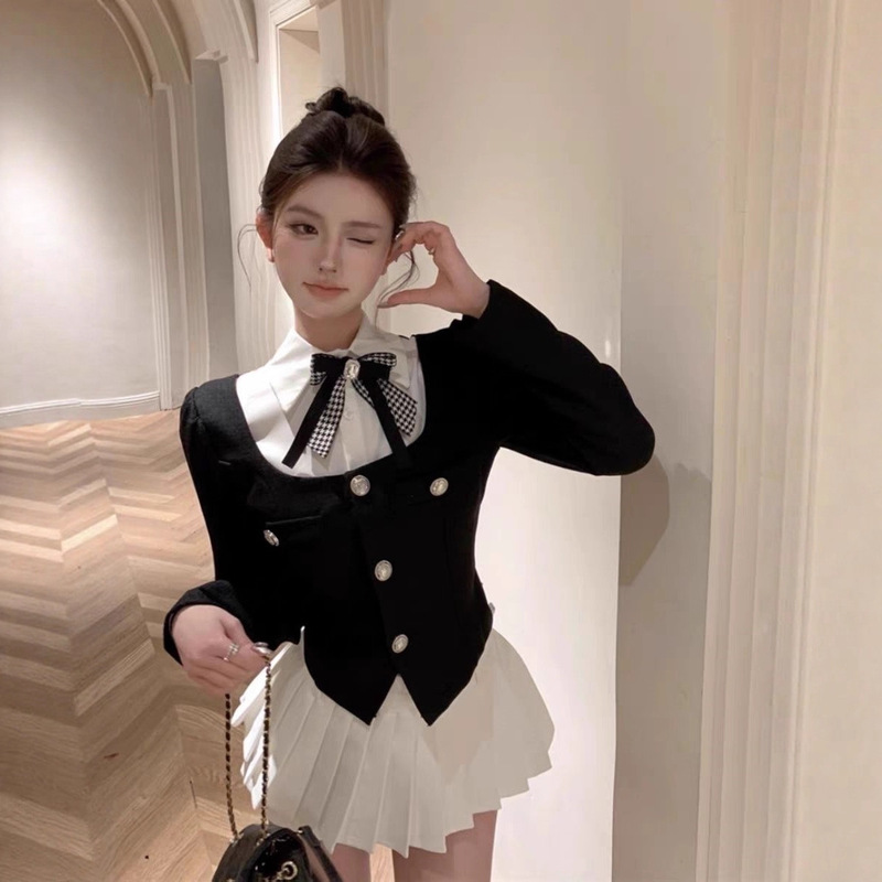 学院风jk制服甜美套装蝴蝶结法式假两件小香风外套百褶半身裙|undefined
