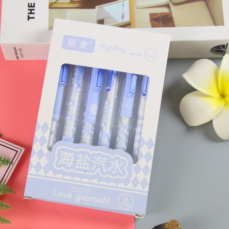 6 piezas en caja ST cabeza de prensa pluma de gel de prensa de alta apariencia estudiante creativo cepillo pregunta pluma mismo color firma pluma