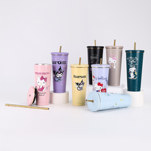 跨境卡通三丽鸥吸管杯双层真空女生金边咖啡杯304不锈钢保温杯