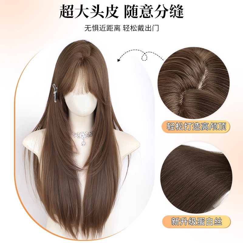 [Carta de otoño] Pelucas para mujer, cabello largo y liso, estilo de celebridad de Internet, peluca sobrenatural intensiva con casco completo