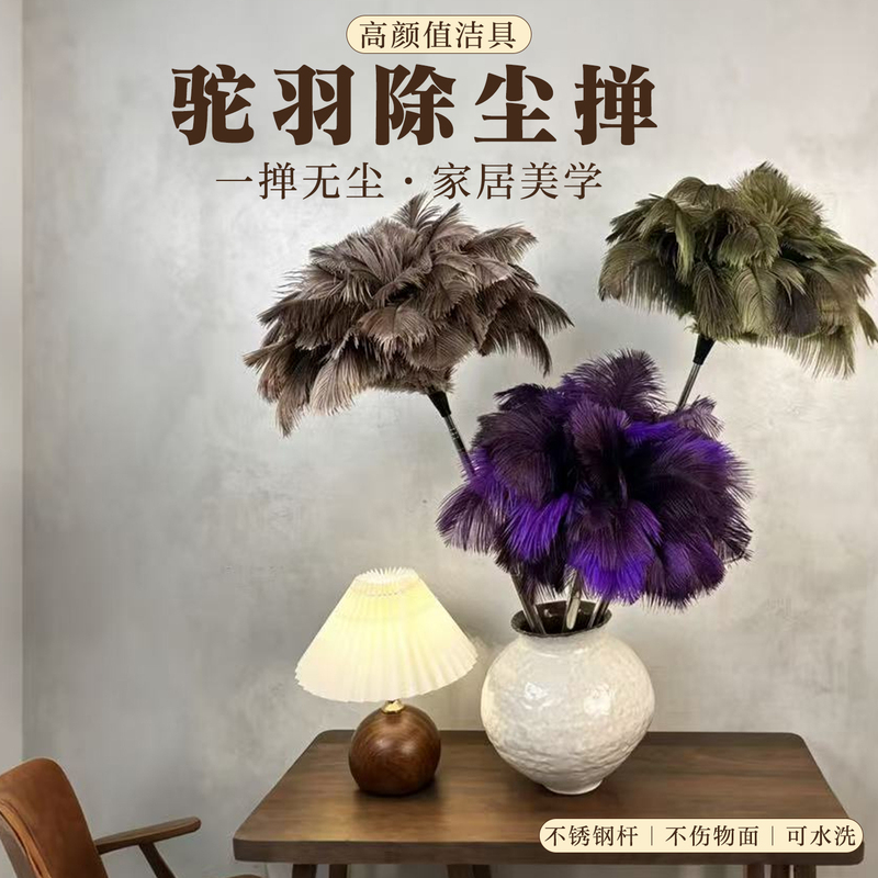 Stainless Steel Retractable Ostrich Feather Duster for Dust Removal, Household Electrostatic Dust Cleaning Tool
