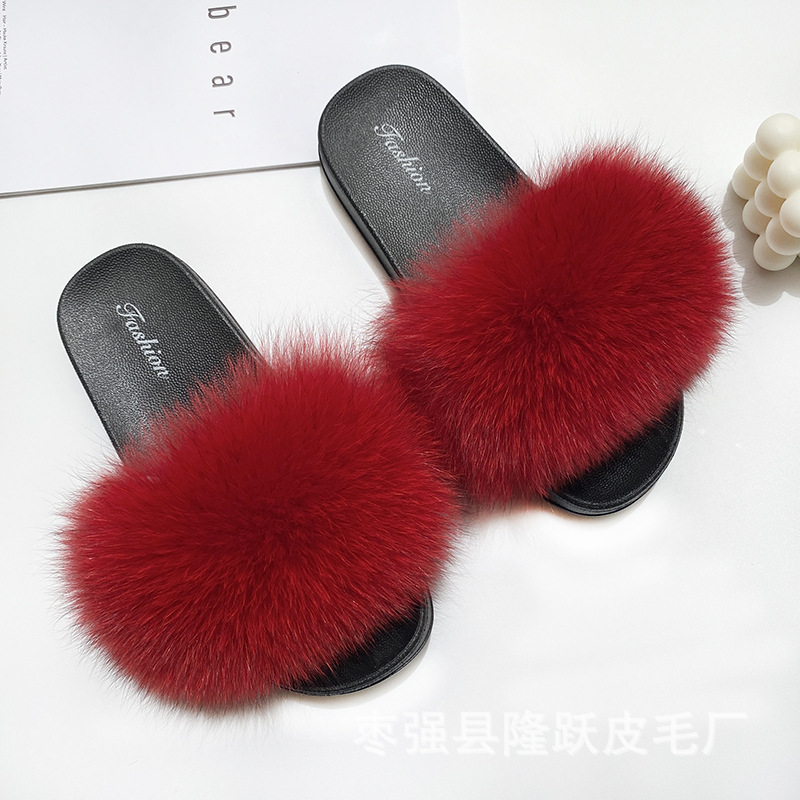 Amazon transfronterizo zapatillas de pelo de zorro real zapatillas de pelo de fondo plano zapatillas de pelo de mujer zapatillas de pelo de verano nuevas exportaciones