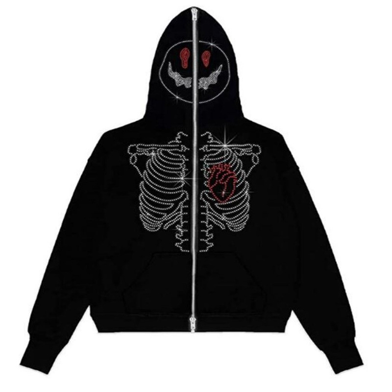 Dark Gothic style hooded with full zipper, funny smiling face, skull, hot diamond sweatshirt_voghion.com