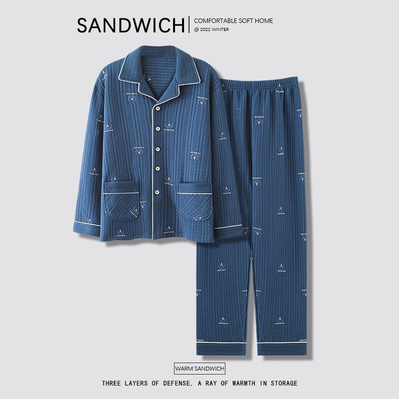 Pijamas de los hombres 100% invierno acolchado sándwich 2023 nuevo espesado Otoño e Invierno casual desgaste del hogar
