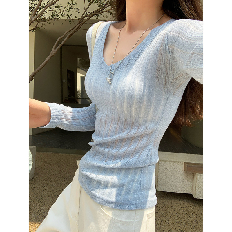 Affordable Women's Thin Slightly See-Through Pit V-Neck Right Shoulder Slim Long-Sleeved T-Shirt Women's 2025 New Sun Protection Blouse Small Top
