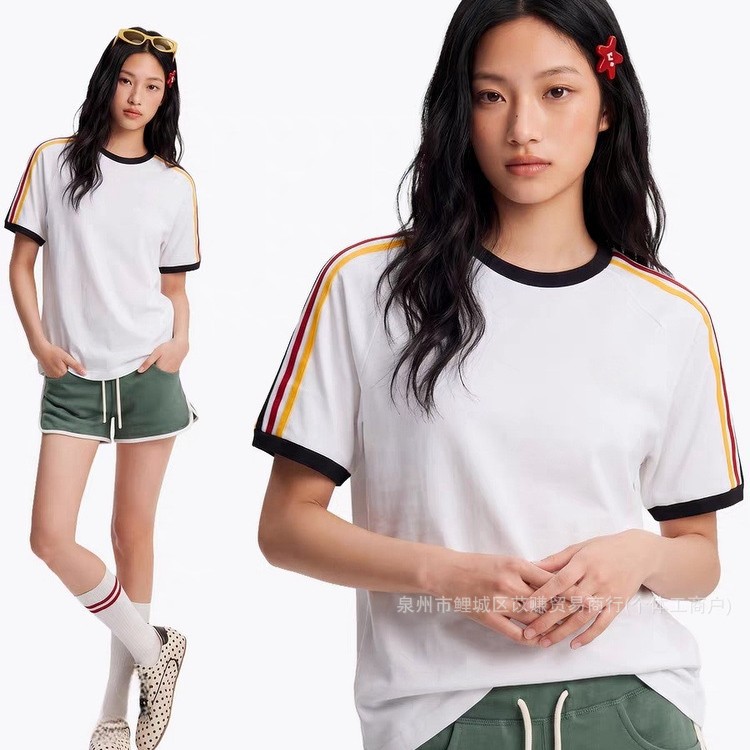 Heavyweight pure cotton American retro summer classic couple's outfit, unisex embroidered round neck color-blocked short-sleeved t-shirt