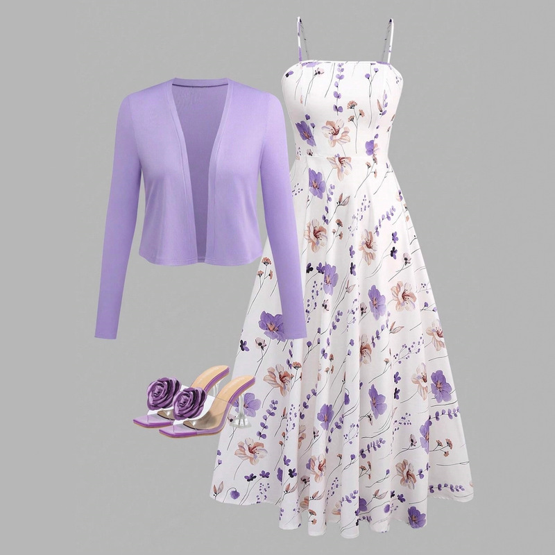 Women's Elegant Little Flower Cami Dress with Belt Waist and Flared Skirt, Matching Knitted Cardigan 2