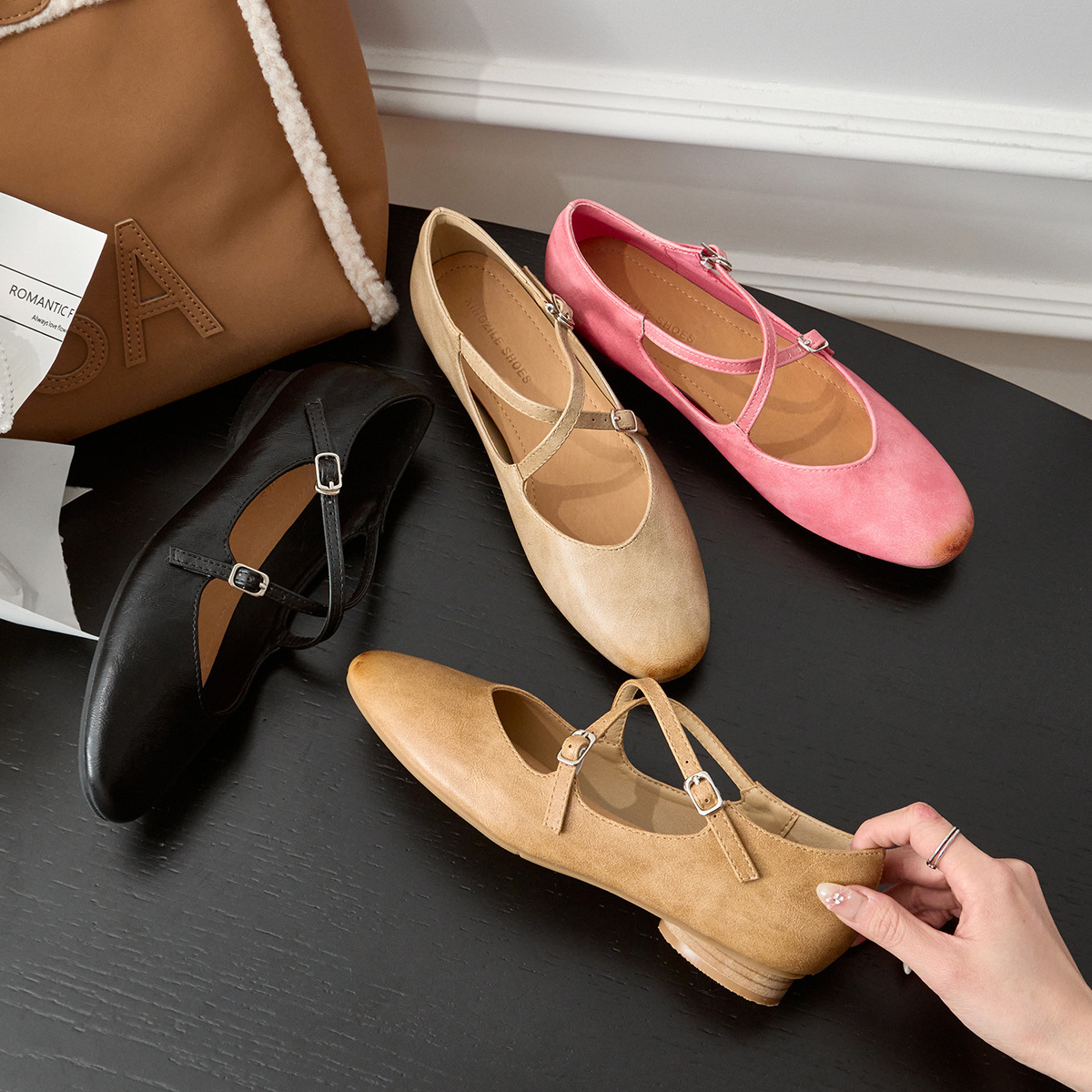 Genuine Leather Single-Strap Mary Jane Shoes for Women, Retro Shallow-Mouth Shoes, 2025 Spring New Arrivals, Elegant Low-Top Flat Women's Shoes