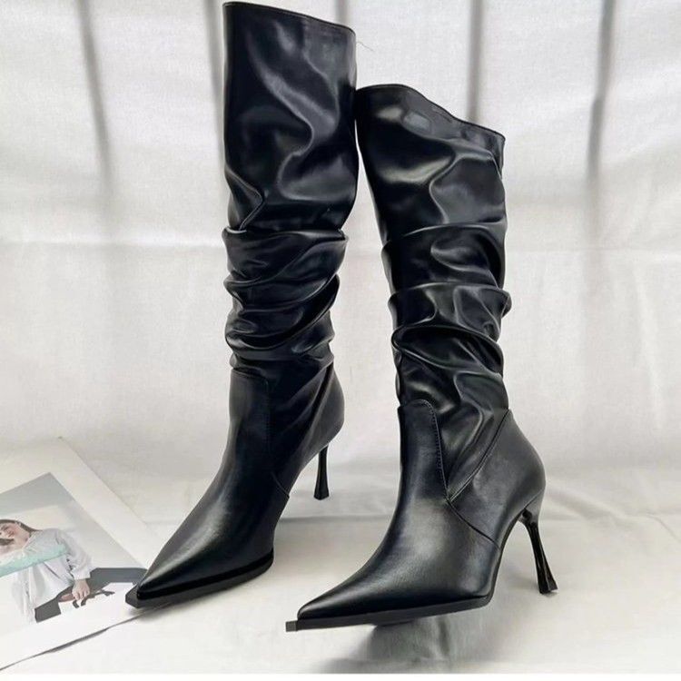 Summer Boots, Knee-High Boots, Black Slim Boots, Fashion Pile Boots, Pointed Toe Stiletto Heels, High-Heeled Boots