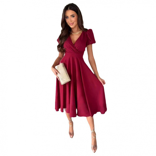 temu summer new commuter pure color deep V-neck waist waist bubble sleeve big swing dress