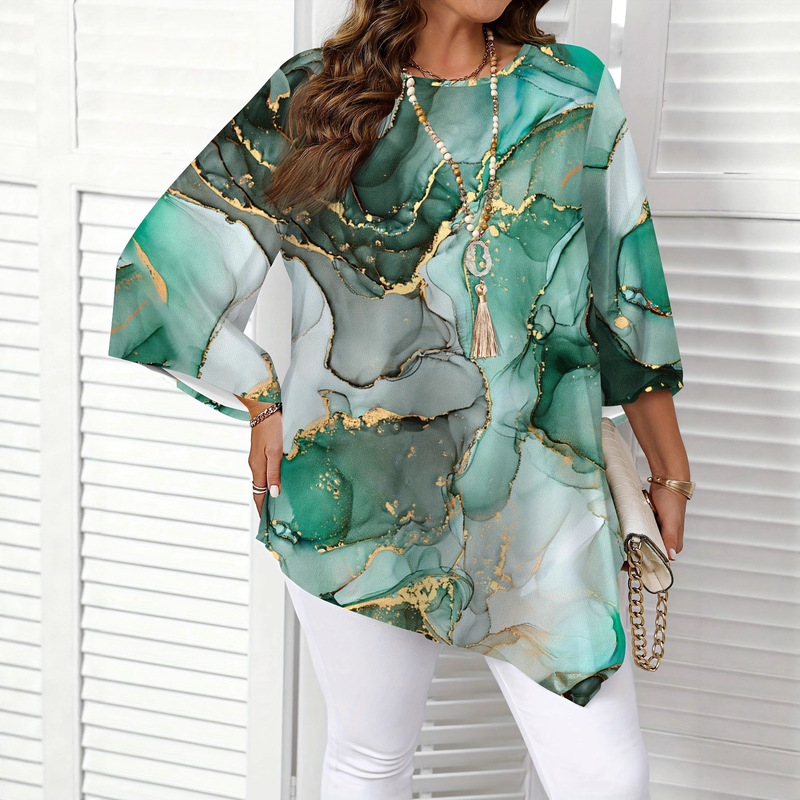 2025 Amazon Independent Station Foreign Trade New Fashion Casual Versatile Fashion Marble Print Round Neck Shirt for Women