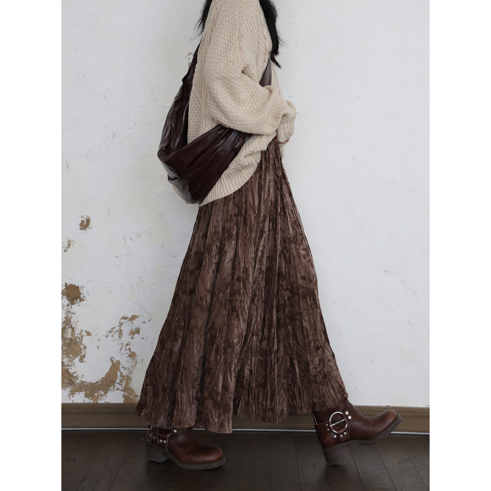 DR retro new Chinese style printed pleated thick velvet A-line skirt, women's long skirt, elastic high waist, versatile