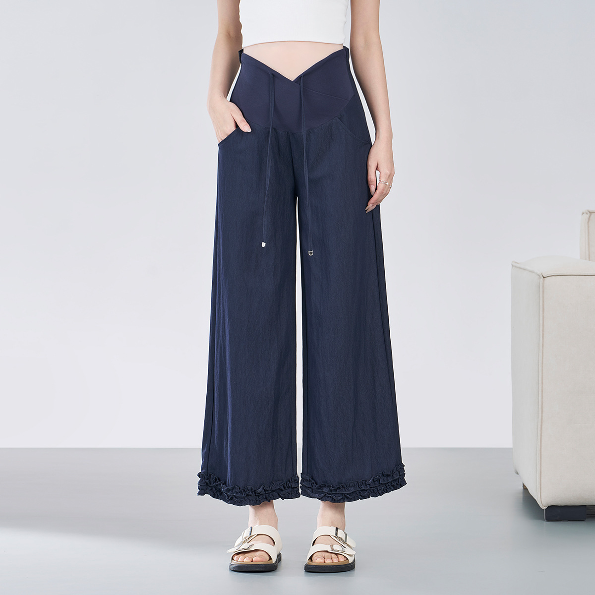 Maternity Pants, Summer Thin Style for Outer Wear, 2026 New Faux Denim Wide-Leg Pants, Summer Wear for Petite Women, Nine-Point Pants for Pregnancy