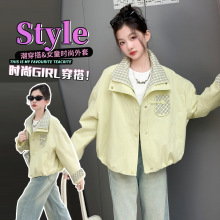 女童秋季外套2025新款儿童格子拼接双层领春秋装外衣百搭休闲上衣