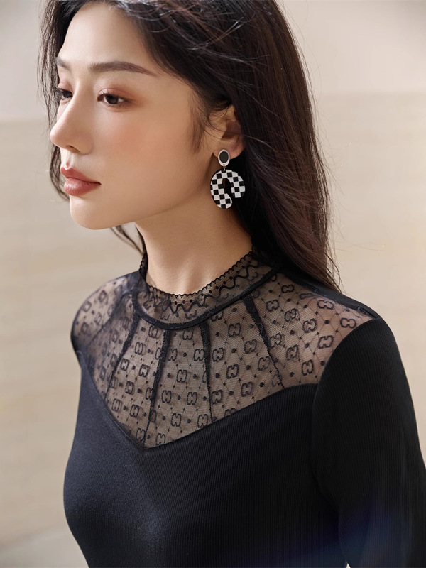 蕾丝打底衫女洋气内搭2025秋冬新款小衫网纱拼接高级感上衣小众|undefined